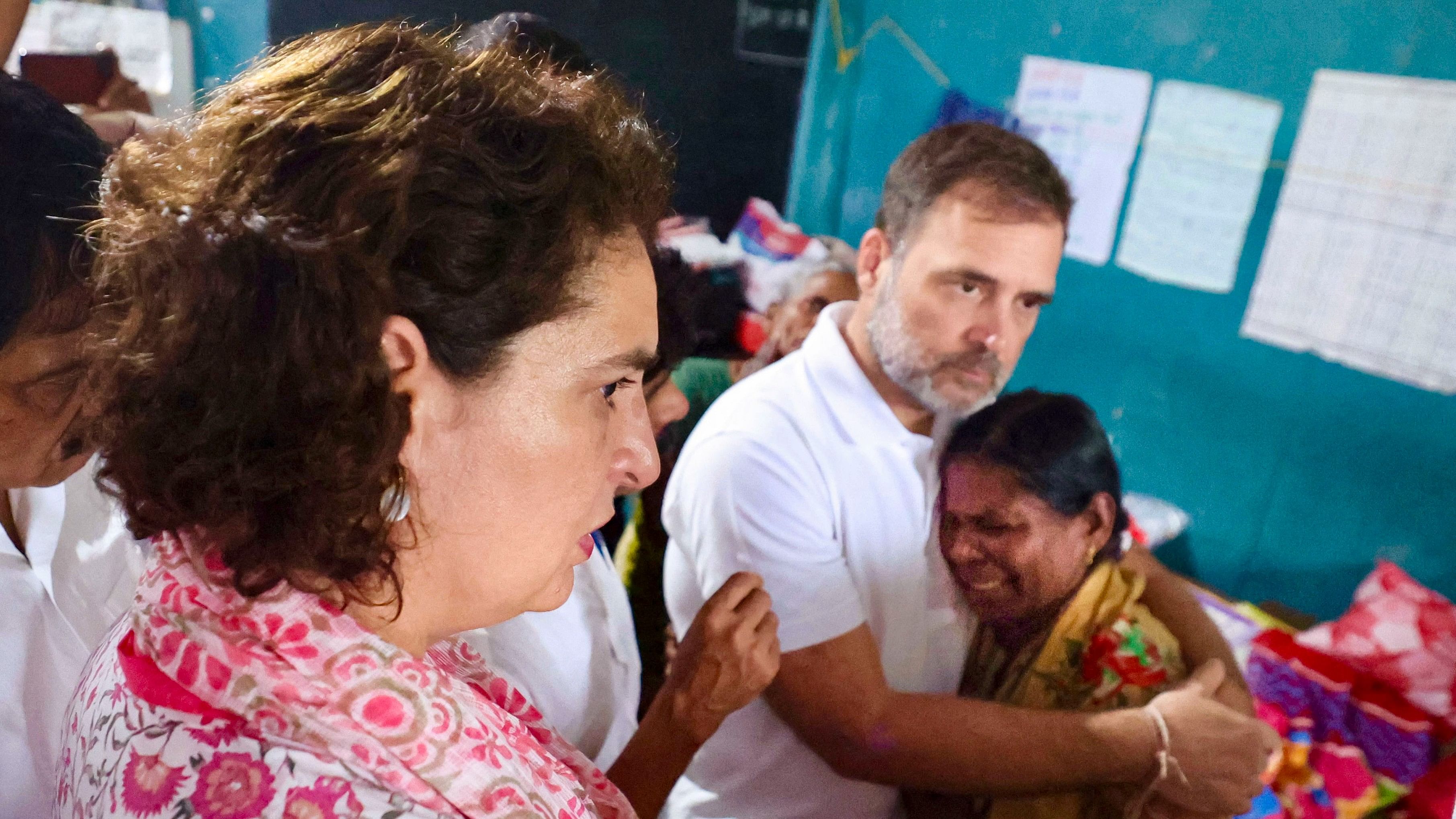 <div class="paragraphs"><p>Leader of Opposition in the Lok Sabha Rahul Gandhi with AICC General Secretary Priyanka Gandhi Vadra visits a relief camp for people affected by the landslides, at Meppadi in Wayanad district on Thursday.&nbsp;</p></div>